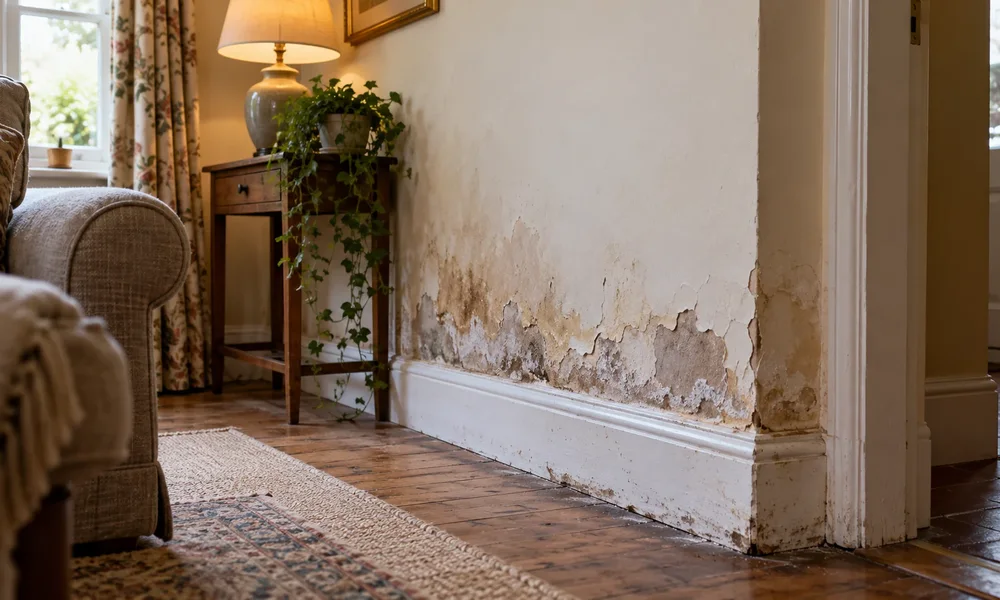 Low-level damp and damaged plaster in a room